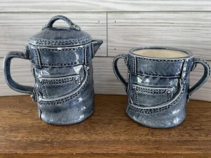 Vintage Denim Jeans Ceramic Creamer And Sugar Set Boho '70s/80s Handmade - Picture 1 of 9