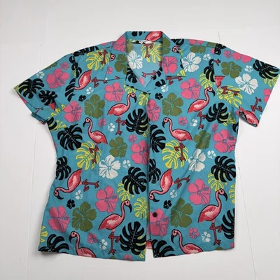 Alvish Hawaiian Shirt Mens XL Blue Flamingo Hibiscus Aloha Button Front Tropical - Image 1 of 4