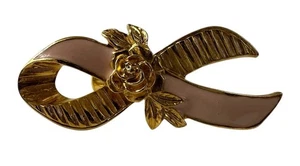 Breast Cancer Awareness Pink Ribbon Rose Gold Tone Pin Brooch 1980s Avon - Picture 1 of 10