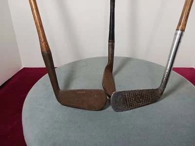 3 VTG GOLF CLUBS 2 WOODEN SHAFT PUTTERS/LEATHER GRIPS & 6 IRON STEELSHAFT - Image 1 of 4