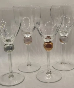 Vintage 4er Set klare mundgeblasene Optik Wasserkelche mit mehrfarbigem Kugelstiel 8,5" - Bild 1 von 17