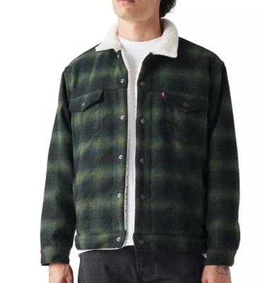 Levi's Sherpa Lined Snap Trucker Jacket Adult L Relaxed Fit Green Black Plaid - Image 1 of 4