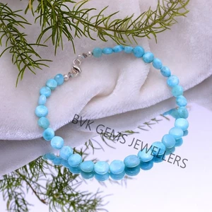 Dominican Larimar Beaded Bracelet, 5-6MM Blue Larimar Flat Coin Beads Bracelet, - Picture 1 of 3