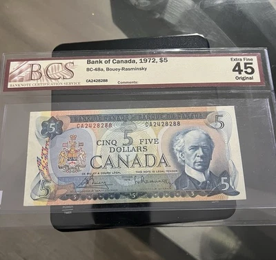 1972 Bank of Canada $5 BCS Graded Extra Fine 45 - Image 1 of 2