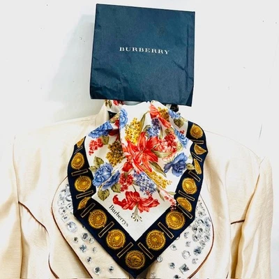 Beautifull Elebant Flral Pink purple dark blue trim MiniScarf 19" Burberrys  (59 - Image 1 of 4