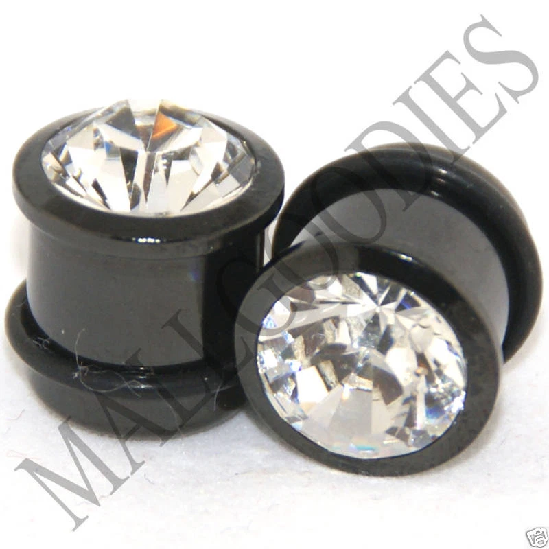 0322 Tapones para los oídos retenedores de gemas de cristal facetado transparente sólido negro 1/2" pulgadas 12,7 mm Foto 1 de 1