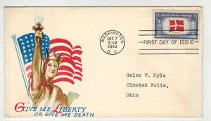 1943 WW2 Patriotic FDC OVERRUN COUNTRIES 920 DENMARK GIVE ME LIBERTY OR DEATH - Picture 1 of 1