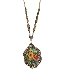 Vintage Germany Filigree Chain Colorful Floral Pendant Necklace - Picture 1 of 10