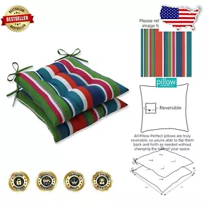 Vibrant Blue/Green Stripe Tufted Outdoor Chair Cushions - 18.5" x 19" - 2 Count - Picture 1 of 6