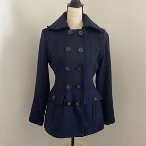 New York & Co Wool Peacoat sz XS Preppy Overcoat Navy Minimalist Classic Jacket - Picture 1 of 13