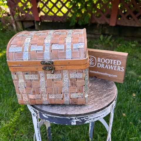 Vintage Wooden Metal Basket Foldover Top With Latch Light Brown Silver Lid Shuts Cover