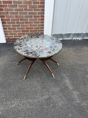 mosaic stone marble spider table Coffee teak 30” round mcm mid century Moroccan - Image 1 of 4