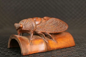 Statua statuina cicada giapponese in legno di bosso intagliato a mano Netsuke arte da collezione - Foto 1 di 8