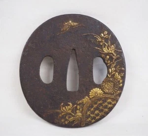 Antica Spada Giapponese Tsuba di Katana Samurai Guardia Ferro Raro Design 76-D48 - Foto 1 di 7