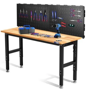 WORKPRO 60" Adjustable Garage Workbench Rubber Wood Top 2PC 16x32 Metal Pegboard - Picture 1 of 9