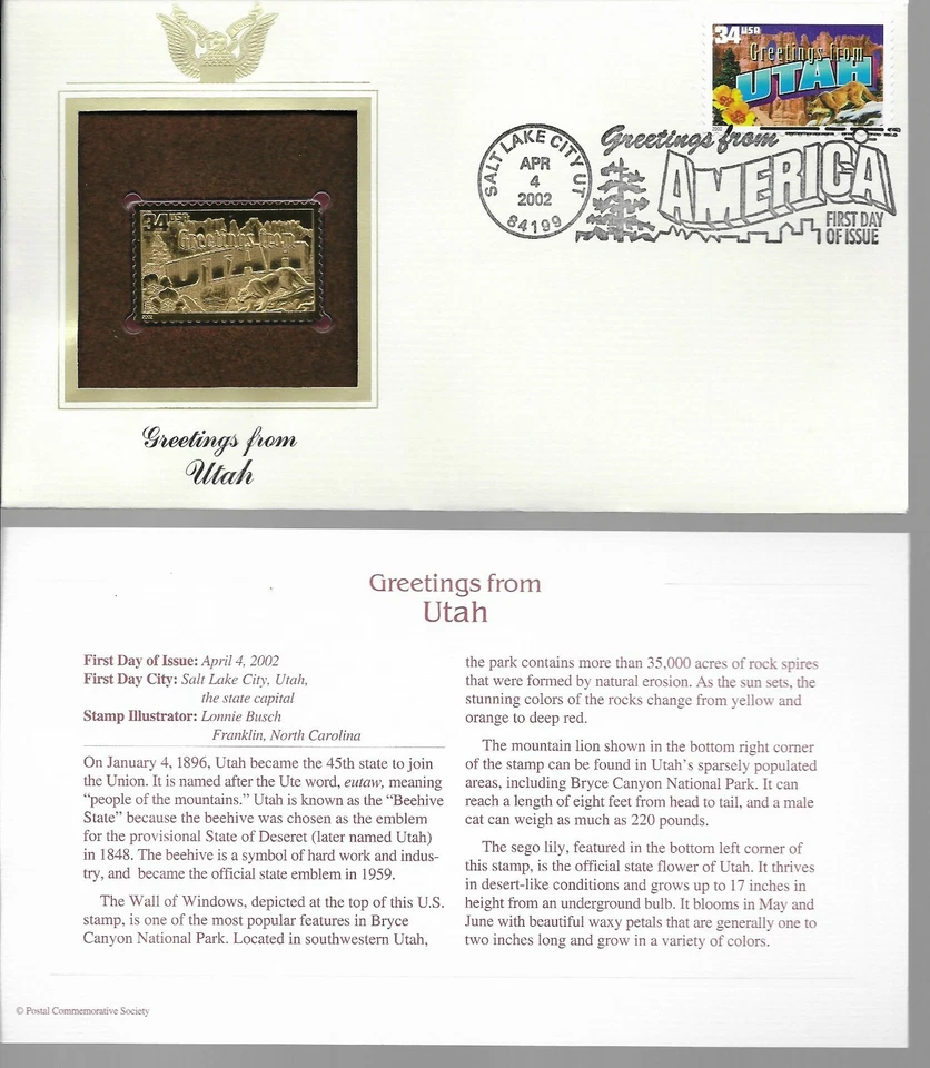 Greeting from Utah--1st day issue-Golden Replica - Image 1 of 1