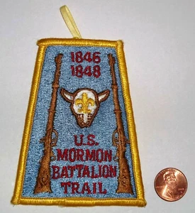 BSA BOY SCOUTS LDS MORMON PATCH 1846- 1848 US MORMON BATTALION TRAIL DANGLE GUN - Imagen 1 de 4