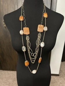 Bold Multi Strand Caramel / White Stones Necklace Duo- Vintage Avon - Picture 1 of 5