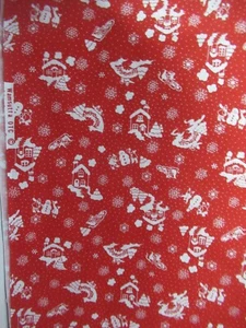Wamsutta  CHRISTMAS HOUSES SNOWMAN  COTTON FABRIC RED  VTG 60`S 70`S   35" X 44 - Picture 1 of 6