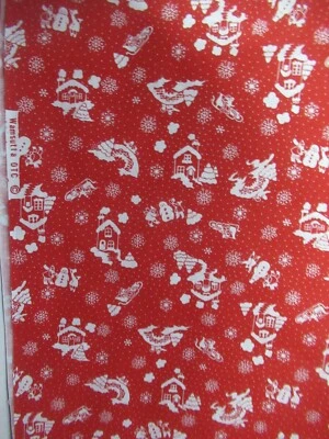 Wamsutta  CHRISTMAS HOUSES SNOWMAN  COTTON FABRIC RED  VTG 60`S 70`S   35" X 44 - Image 1 of 4