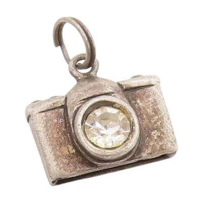 925 Sterling Silver Vintage Pendant Round Topaz 3D Retro Camera Charm  PT25137 - Image 1 of 4