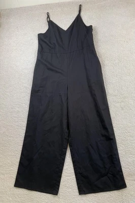 Uniqlo Jumpsuit Womens Large Black Linen Blend Wide Leg V Neck Spaghetti Strap - Image 1 of 4