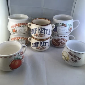 Vintage Soup Recipe Mugs set of 8 - Kettle Chicken Onion Tomato Mushroom - Picture 1 of 6