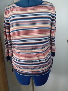 Ruby Rd. Women's Striped Top L Multicolor 3/4 Sleeve Round Neck Cotton Blend - Picture 1 of 11
