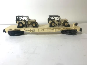 MTH Rail King O Scale US Army 40610 Flat Car w/ 2 - Tan Willy's Jeeps #30-76125 - Picture 1 of 7