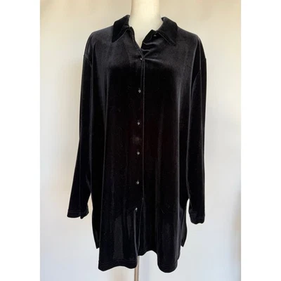 Camisa Top Para Mujer Vintage Jennifer Moore Negra Elastizada Terciopelo Abotonada 3X Foto 1 de 4