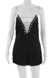 Millau Womens Linen V Neck Chain Detail One Piece Romper Black Size M - Picture 1 of 7