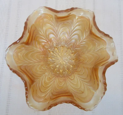Gorgeous Vtg. FENTON Peacock Tail Marigold Iridescent Carnival Glass Candy Bowl - Image 1 of 4