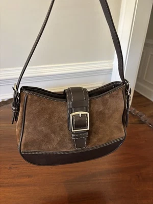 Coach Hampton Suede Leather Hobo Shoulder Bag with Brown Buckle Accent.  - Image 1 of 4