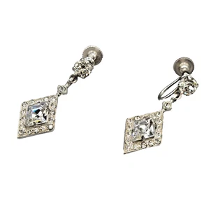 Art Deco Diamond Shape Halo Crystal Rhinestone Rhodium Plate Screw Back Earrings - Picture 1 of 10