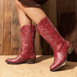 Women Cowboy Cowgirl Western Boots Square Toe Pull On Mid Calf Boots - Picture 1 of 28