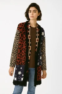 NEIMAN MARCUS cardigan sweater tunic fringe mixed print stars aztec knit XS - Picture 1 of 7