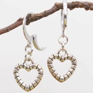 Tibetan Silver Heart Charm Earrings on Surgical Steel Leverback Circle - Picture 1 of 4