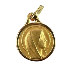 Small French Virgin Mary 18K Yellow Gold Medal Pendant Charm - Picture 1 of 14