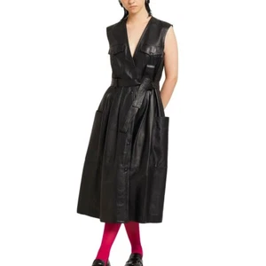 Para mujeres Suave Genuino Piel de Cordero Cuero Negro Vestido Cuello en V Midi Cuero Vestido - Imagen 1 de 7