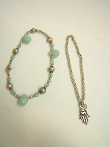 2 Bracelets Aqua Green Stone Pearl Crystal Sterling SIlver Hamsa Charm on Chain - Picture 1 of 6
