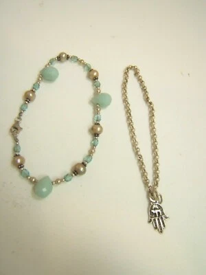 2 Bracelets Aqua Green Stone Pearl Crystal Sterling SIlver Hamsa Charm on Chain - Image 1 of 4