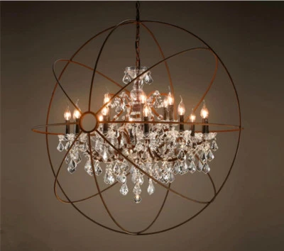 Foucault's Orb Clear K9 Crystal Chandelier Rustic Iron Globe Ceiling Lamp Light - Image 1 of 4