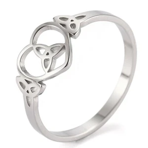 Celtic Heart Ring Womens Silver Stainless Steel Trinity Knot Band Sizes 6-10 - Picture 1 of 4