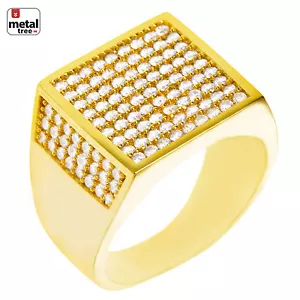 Hip Hop Fashion 14k Gold Plated Hand Set CZ Band Flat Square Men's Pinky Rings - Picture 1 of 4