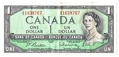 BANK OF CANADA ONE DOLLAR BILL GREAT SHAPE RARE $1 SERIES 1954 OTTAWA CZ1638767 - Image 1 of 2