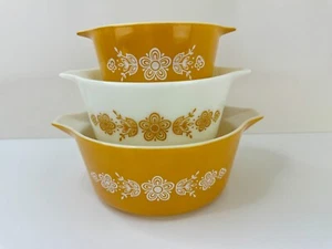 Vintage PYREX 1970s Butterfly Gold 480 Round Casserole Dish Set - 473 474 475 - Picture 1 of 11