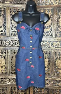 Unique Vintage Retro Mini Dress Stretchy Denim Embroidered Watermelon New Size L - Picture 1 of 18