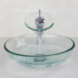Rubinetto miscelatore rubinetto cascata vaso pittura vetro temperato bagno UK - Foto 1 di 10