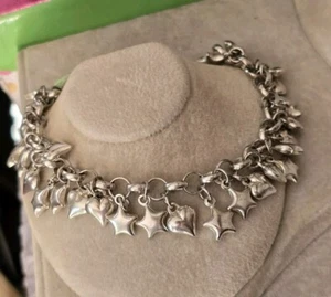 Ross Simons sterling silver Puffy Heart Star Dangle Charm Tennis Bracelet Italy - Picture 1 of 9
