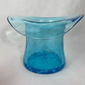 Aqua Blue Crackle Glass Top Hat Vase Pilgrim - Picture 1 of 15